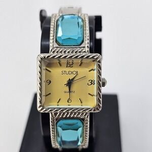 Studio Women's Cuff Bracelet Watch 24MM Gold Dial Gray Bands 5.75"‎ New Battery